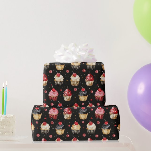 Red Gold Black Pink Cupcakes Cherry Birthday Geschenkpapier (Partygeschenke)