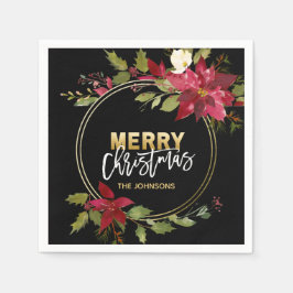 RED Gold Black Poinsettia MERRY CHRISTMAS Serviette