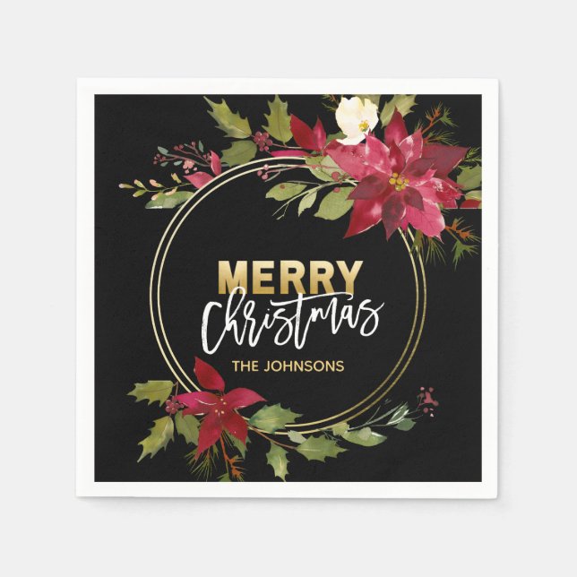 RED Gold Black Poinsettia MERRY CHRISTMAS Serviette (Vorderseite)