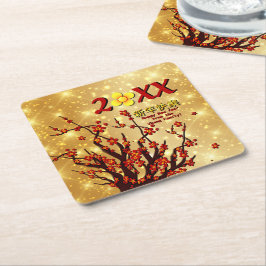 Red Gold Blume Frohes Chinesisch Neues Jahr 20XX Rechteckiger Pappuntersetzer