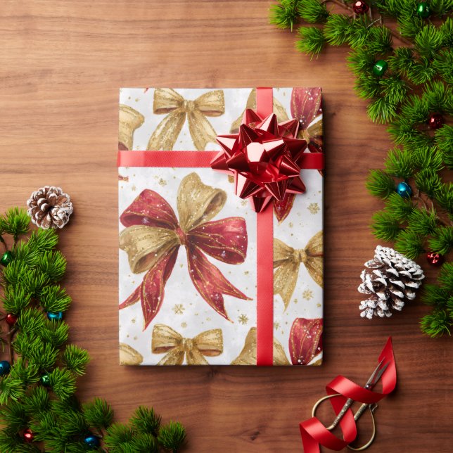Red Gold Bows Christmas Geschenkpapier (Feiertagsgeschenk)