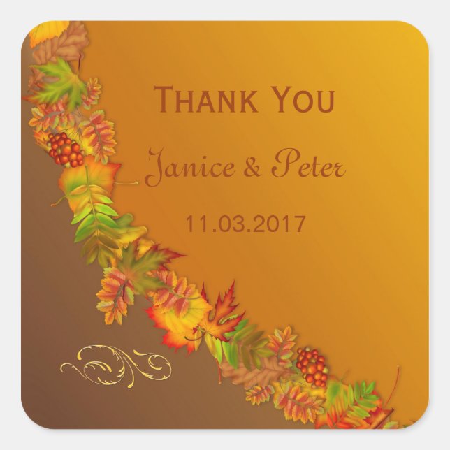 Red Gold Brown Herbstlaube Hochzeitsticker Quadratischer Aufkleber (Vorderseite)