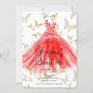 Red & Gold Butterfly Dance Dress Sweet 16 Party Einladung