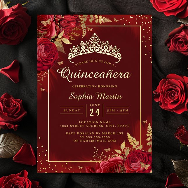 Red Gold Butterfly Floral Quinceanera Folieneinladung (Von Creator hochgeladen)