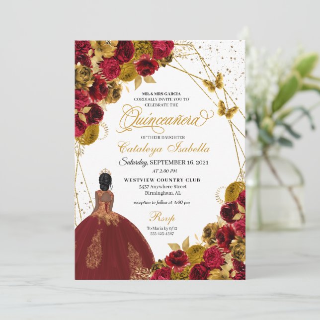 Red Gold Butterfly Princess Quinceanera Einladung (Stehend Vorderseite)