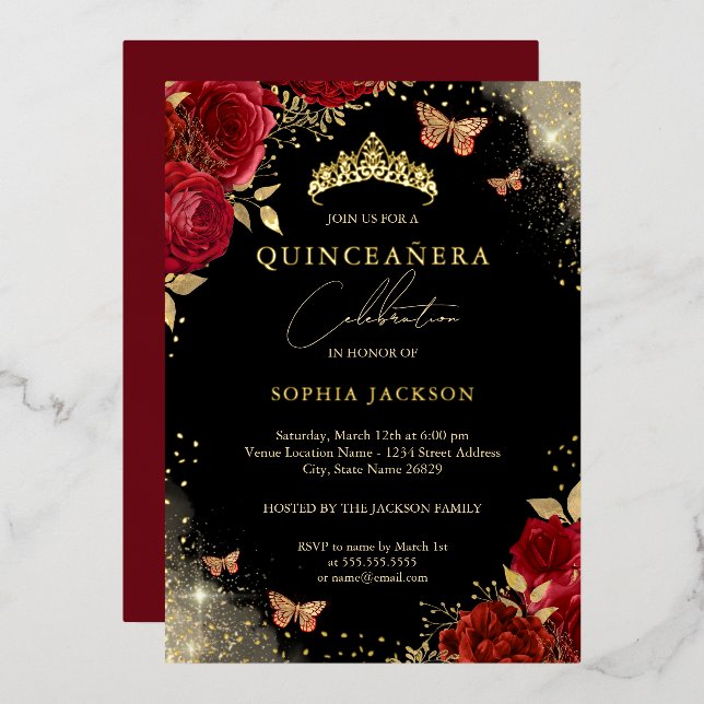 Red Gold Butterfly Rose Tiara Quinceanera Folieneinladung