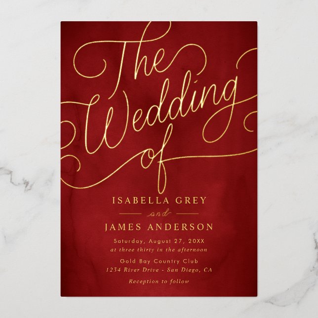 Red Gold Calligraphy Script Wedding Folieneinladung (Vorderseite)