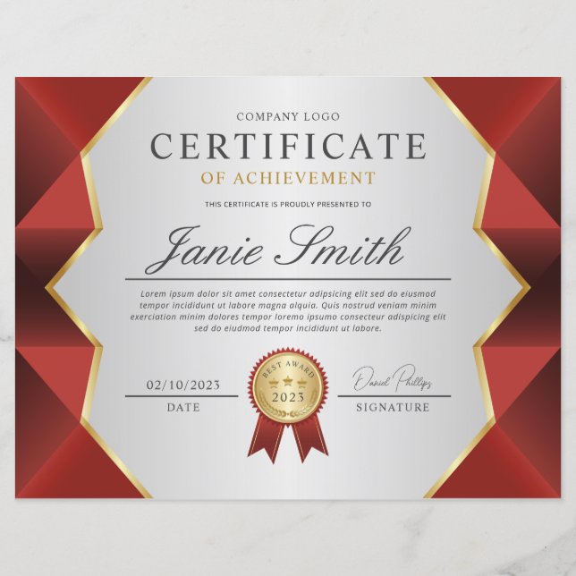 Red & Gold Certificate of Achievement Award (Vorderseite)