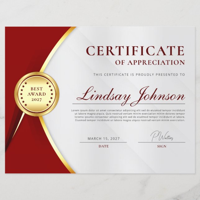 Red & Gold Certificate of Appreciation Flyer (Vorderseite)