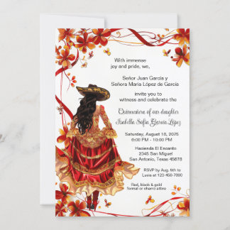 Red Gold Charra Quinceanera Einladung