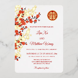 Red Gold Cherry Blosso | Chinesische Hochzeit Folieneinladung