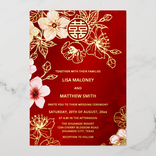 Red Gold Cherry Blossom Chinese Wedding Folieneinladung (Vorderseite)