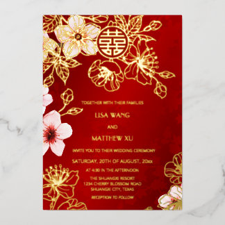 Red Gold Cherry Blossom Chinese Wedding Folieneinladung