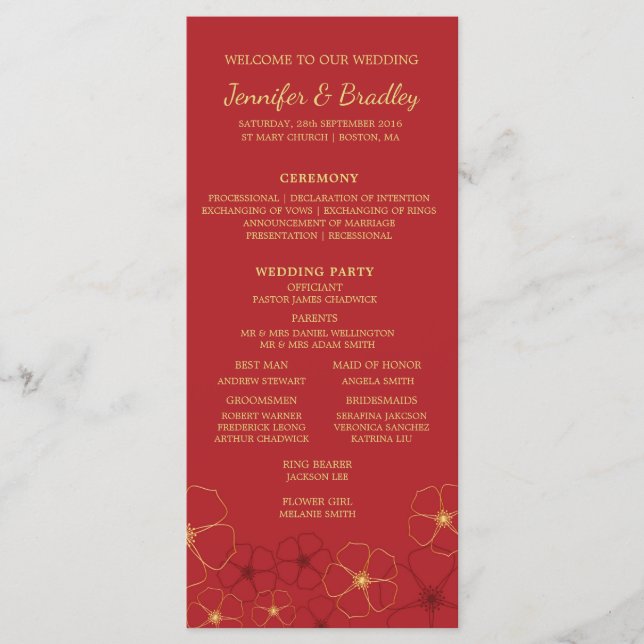 Red Gold Cherry Blüten Hochzeitstag Programm (Vorderseite)