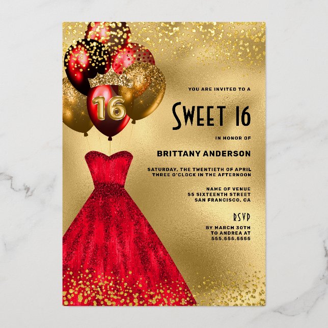 Red Gold Chic 16. Geburtstag Sweet 16 Folieneinladung (Vorderseite)