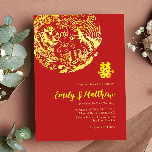 Red gold Chines Dragon und Phoenix Logo Hochzeit Einladung (Von Creator hochgeladen)