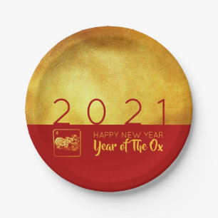 Red Gold Chinese Ox Paper-cut 2021 PP Pappteller