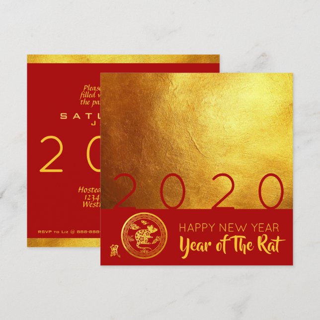 Red Gold Chinese Rat Papier-Schnitt 2020 Party SC Einladung (Vorne/Hinten)