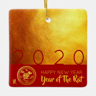 Red Gold Chinese Rat Papier-Schnitt 2020 SqCO Keramikornament