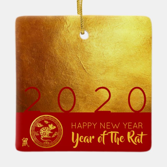 Red Gold Chinese Rat Papier-Schnitt 2020 SqCO Keramikornament (Vorderseite)