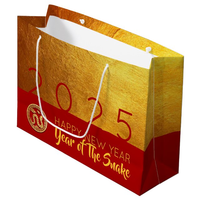 Red Gold Chinese Snake Papier-Schnitt 2025 LGB Große Geschenktüte (Vorderseite Schrägansicht)