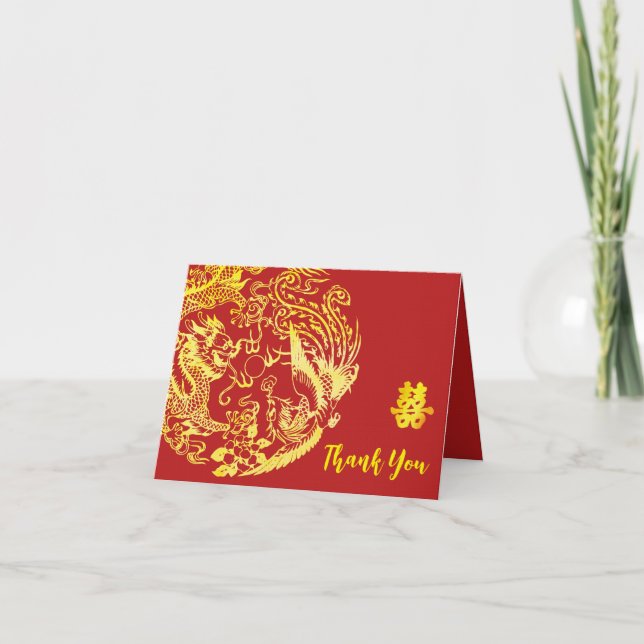Red gold Chinesischer Drache und Phoenix Logo Hoch Dankeskarte (Vorderseite)