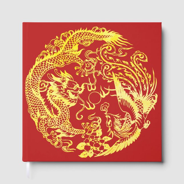 Red gold Chinesischer Drache und Phoenix Logo Hoch Gästebuch (Vorderseite)