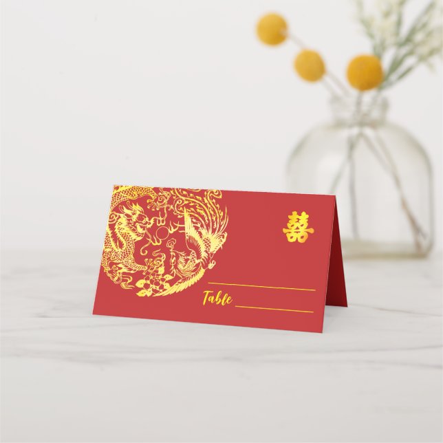 Red gold Chinesischer Drache und Phoenix Logo Hoch Platzkarte (Vorderseite)