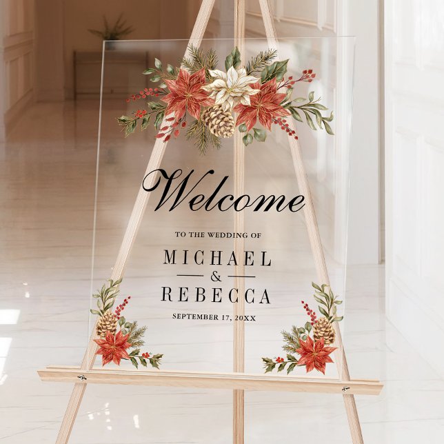 Red Gold Christmas Floral Wedding Welcome Acrylschild (Von Creator hochgeladen)