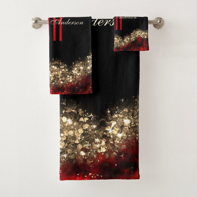 RED & GOLD CHRISTMAS SHIMMER CUSTOM MONOGRAMM BADHANDTUCH SET (Insitu)