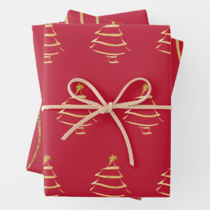 Red Gold Christmas Tree Snowflake Wavy Lines Geschenkpapier Set
