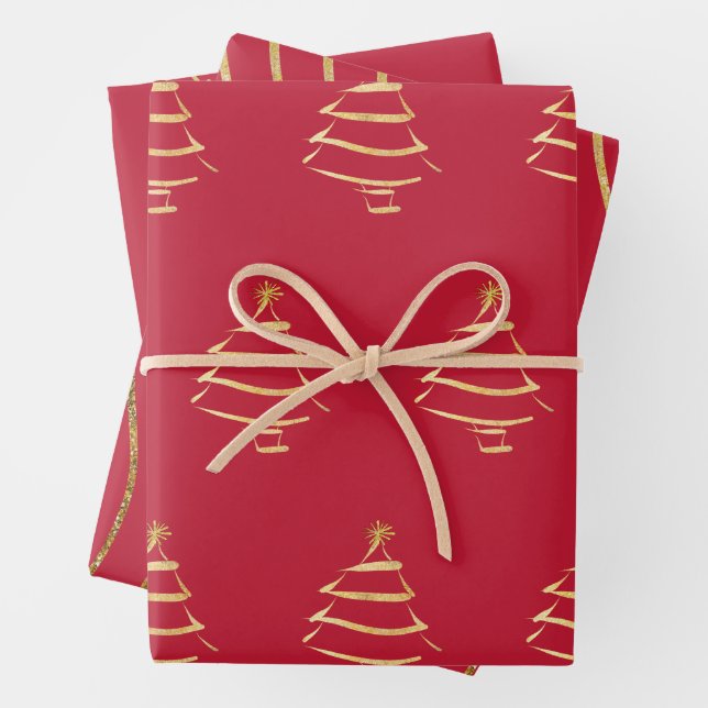 Red Gold Christmas Tree Snowflake Wavy Lines Geschenkpapier Set (Beispiel)