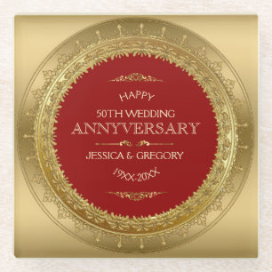 Red & Gold Circle Frame 50. Wedding Design Glasuntersetzer