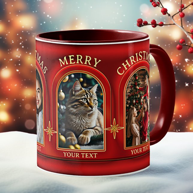 Red Gold Classic Weihnachts-Foto Kaffeetasse (Christmas mug featuring custom photos on a classic stylish red and gold design with gold snowflakes)