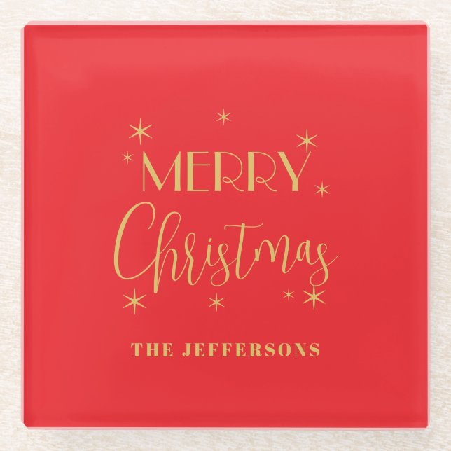 Red & Gold Colors Merry Christmas Family Name Glasuntersetzer (Vorderseite)