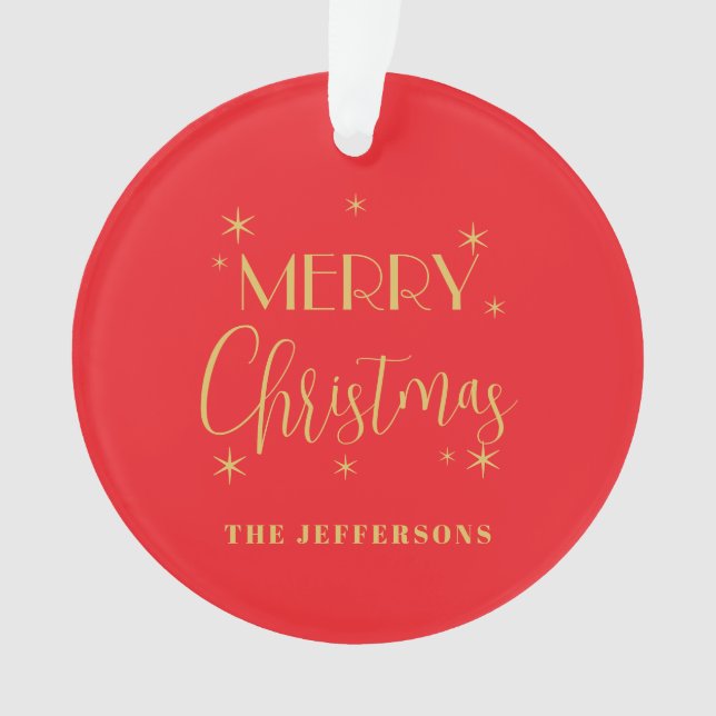 Red & Gold Colors Merry Christmas Family Name Ornament (Vorderseite)