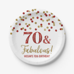 Red Gold Confetti 70 und fabulous Geburtstag Pappteller