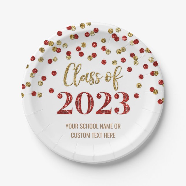 Red Gold Confetti Abschluss 2023 Pappteller (Vorderseite)