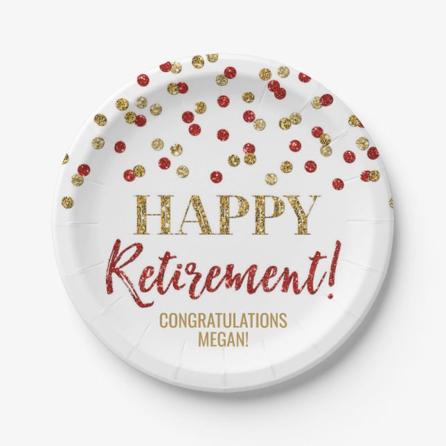 Red Gold Confetti Happy Retirement Pappteller (Vorderseite)