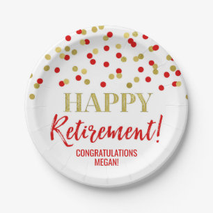 Red Gold Confetti Happy Retirement Pappteller
