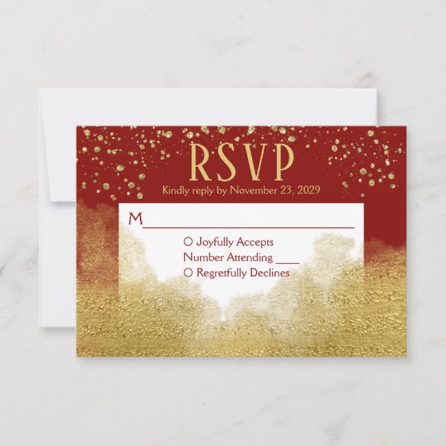 Red Gold Confetti UAWG Wedding Response RSVP Karte (Vorderseite)