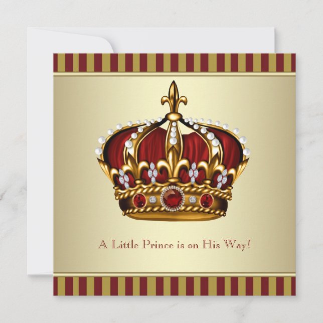 Red Gold Crown Little Prince Boy Baby Dusche Einladung (Vorderseite)