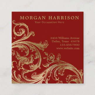 Red Gold Damask Barockwirl Quadratische Visitenkarte