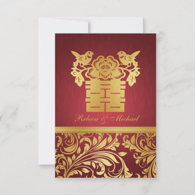 Red & Gold Damask, Chinesisch Double Happy UAWG RSVP Karte (Vorderseite)