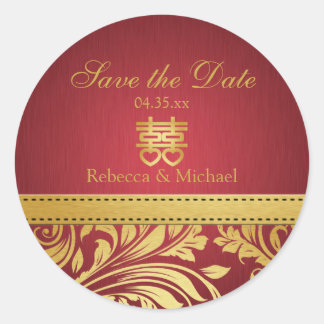 Red & Gold Damask, chinesisches Doppelglücksgefühl Runder Aufkleber