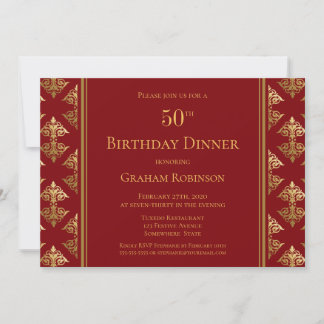 Red Gold Damask Gemustert 50. Geburtstag Abendesse Einladung