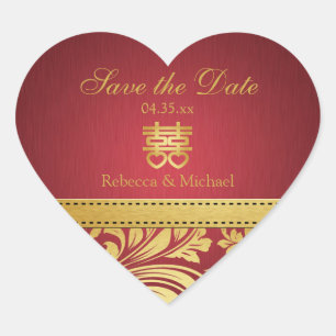 Red & Gold Damaskus, Chinesisches Doppelglücksherz Herz-Aufkleber