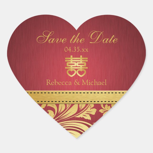 Red & Gold Damaskus, Chinesisches Doppelglücksherz Herz-Aufkleber (Vorderseite)