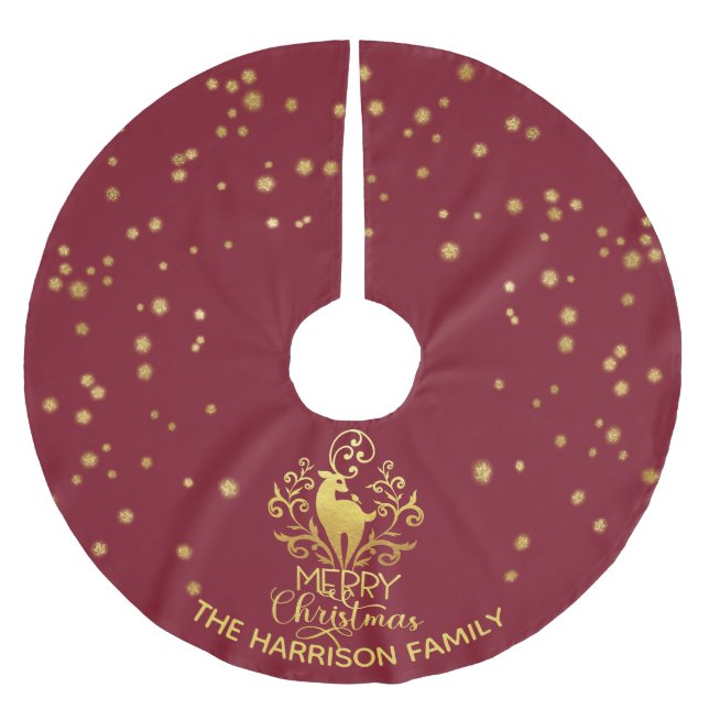 Red Gold Deer Frohe Weihnachten Polyester Weihnachtsbaumdecke (Vorderseite)