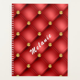 Red Gold Diamond Tufed Custom Text Planner Planer